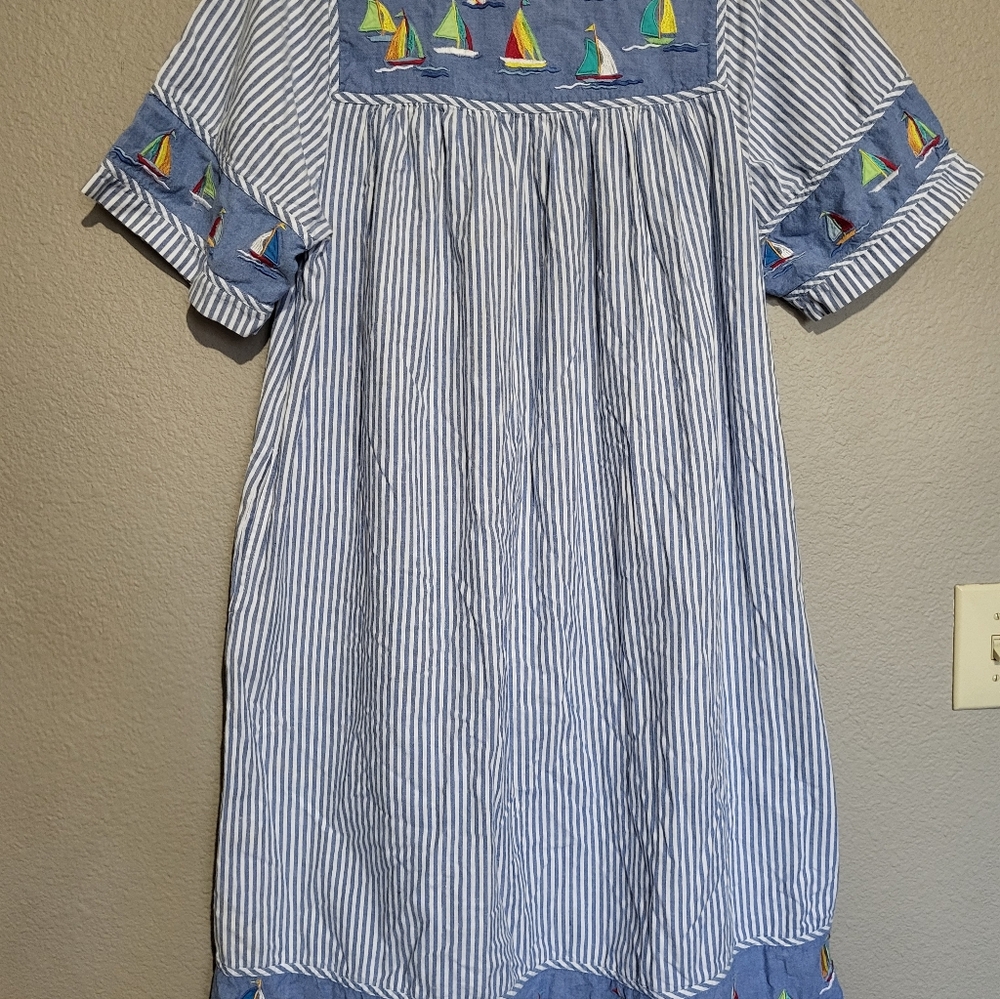 Cabernet Blue and White Striped Womens House Dress with Sailboat Design Size M - Picture 2 of 7
